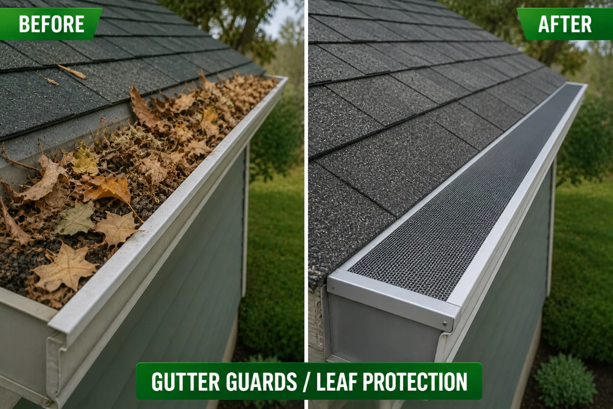 Gutter guards installation before after showing leaf protection system