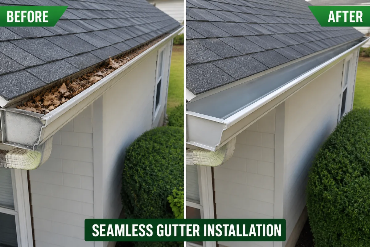 Seamless gutter installation before after