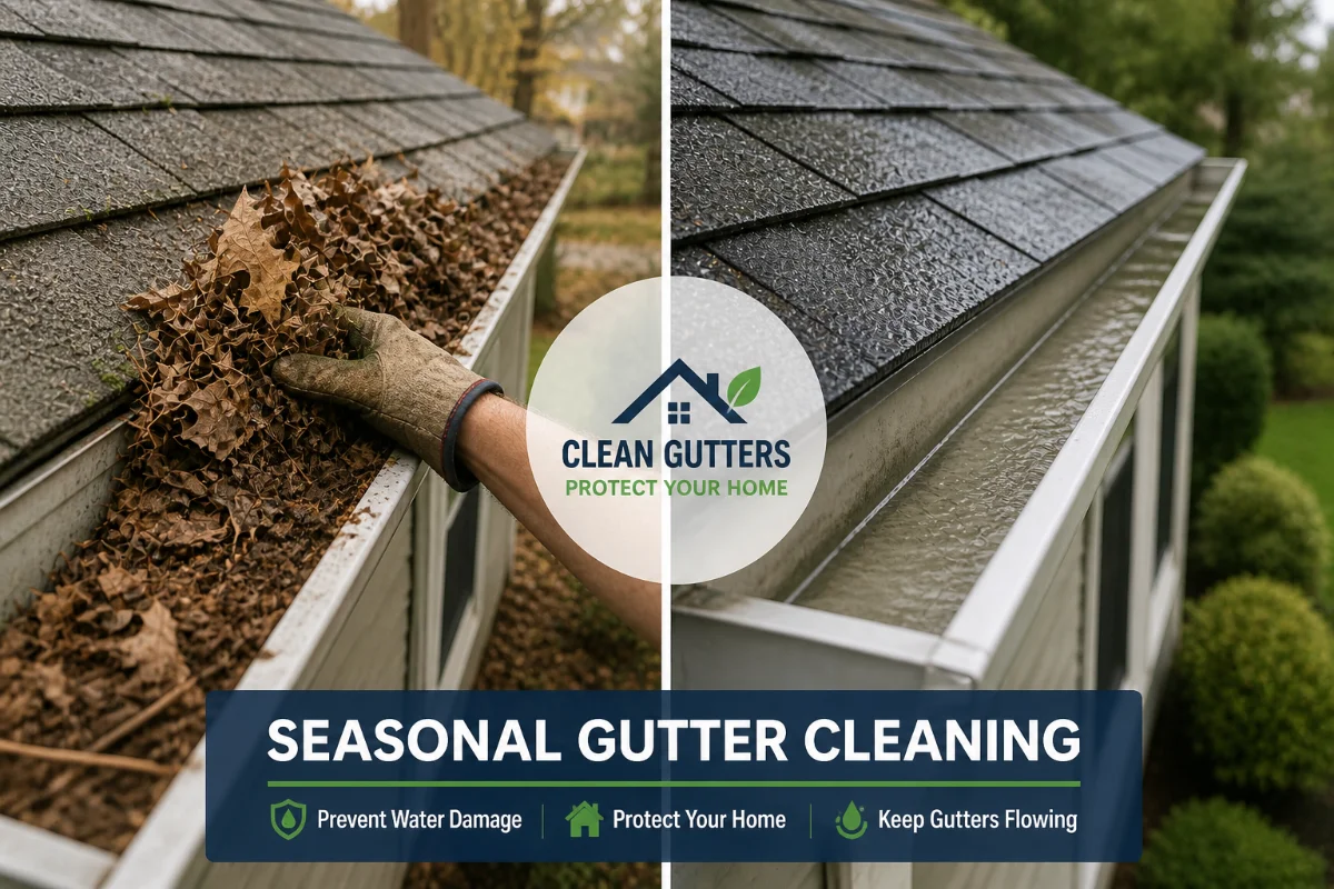Seasonal gutter cleaning before after removing leaves and debris