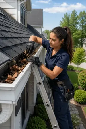 Local gutter specialists inspecting a residential gutter system